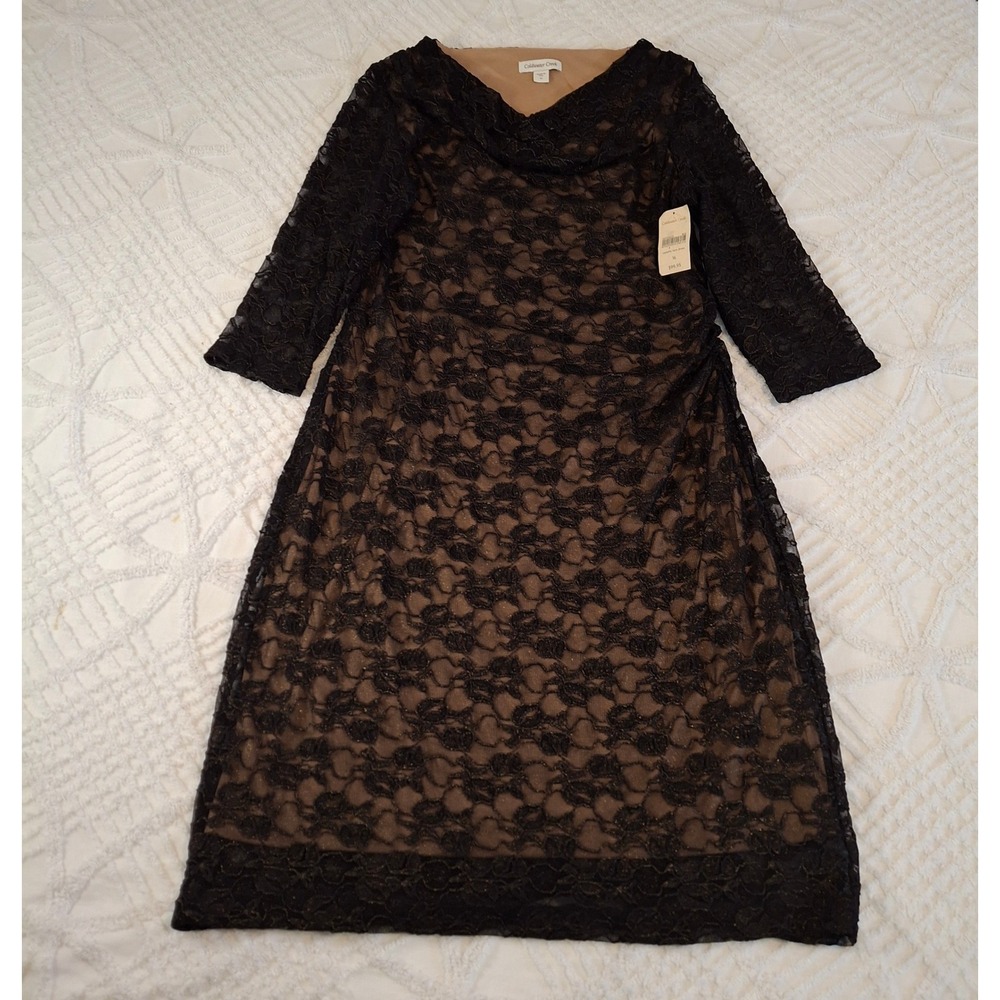Coldwater Creek Womens 16 Metallic Lace Sheath Dress Black Cowl Neck Ruched NWT